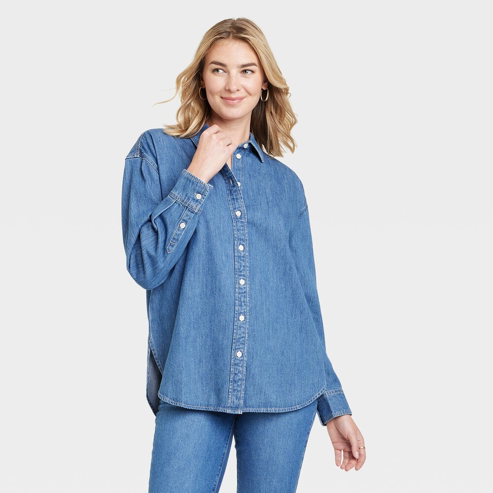 Oversized Long Sleeve Collared Button-Down Shirt - Indigo XS